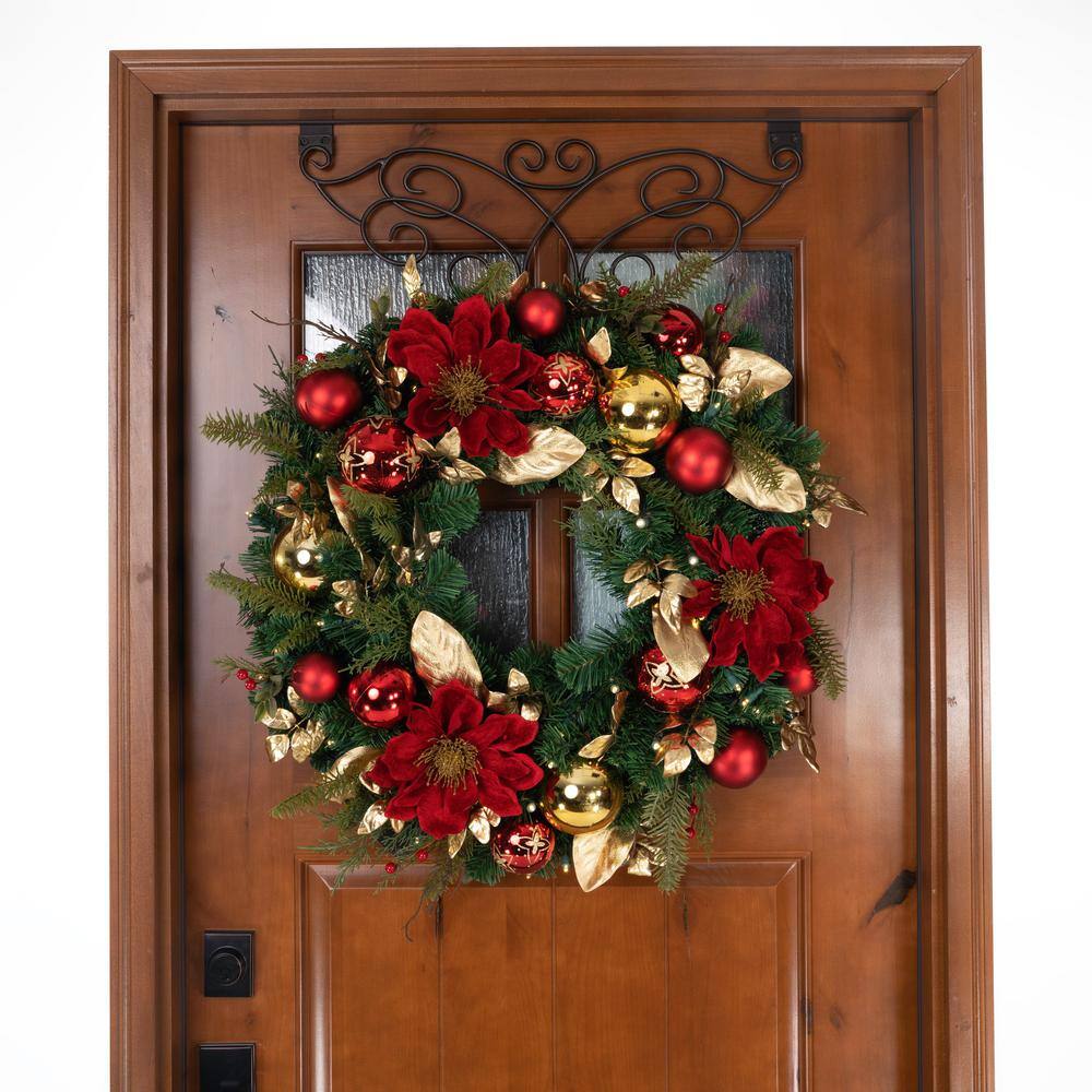 Village Lighting Company 30 in. Green Battery Operated Prelit LED Artificial Christmas Wreath with Golden Leaf Red Magnolia V-20860