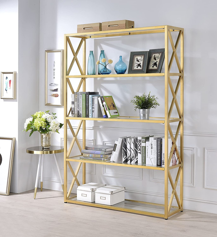 Bookcase  Metal Frame With X Shaped Sides  ampClear Glass Shelves  Gold Finish   Contemporary   Bookcases   by Declusia  Houzz