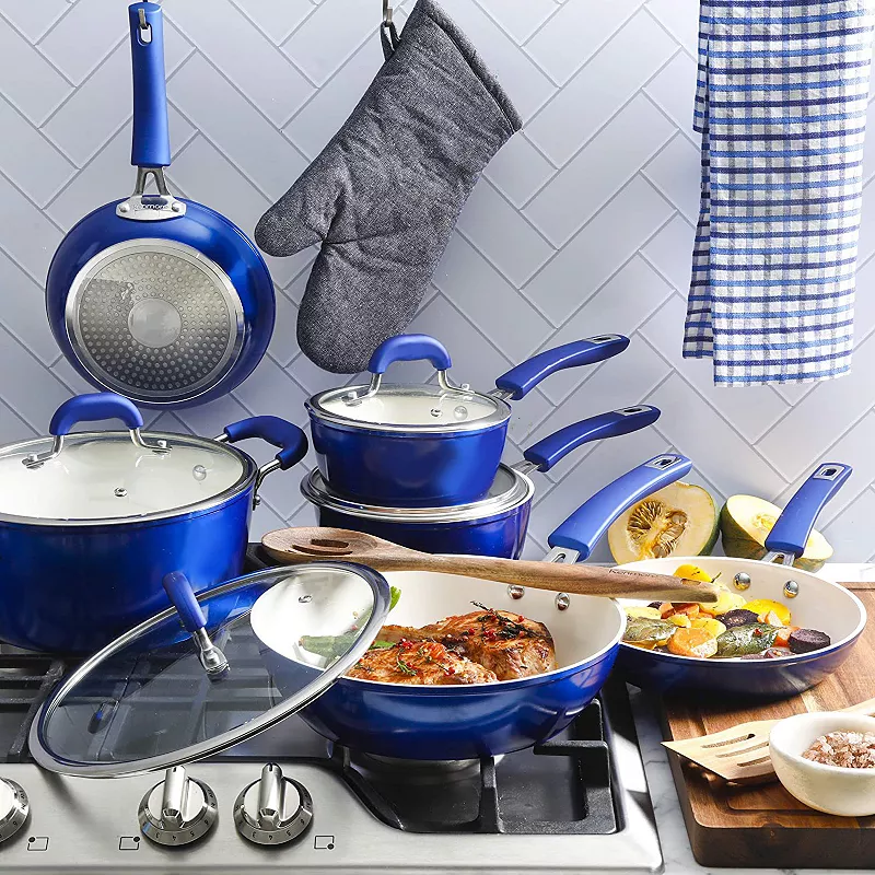 Kenmore Arlington 12 Piece Nonstick Ceramic Cookware and Accessory Set， Blue