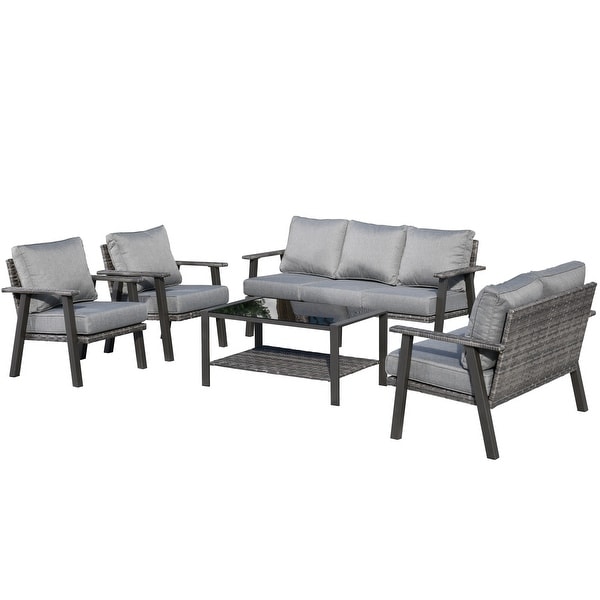 OVIOS 5piece Outdoor Steel Frame Ottoman Wicker Solid Pattern Cushion Sectional Set Glass Top Table