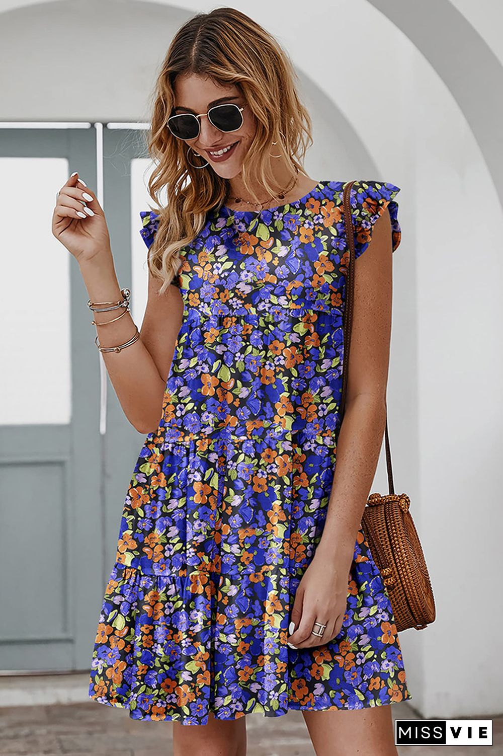 Flutter Sleeves Tiered Floral Dress