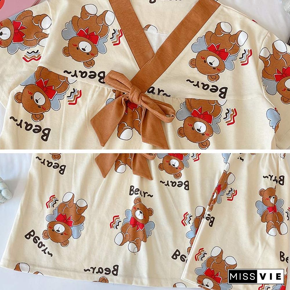 Cute Cartoon Bear Print T-shirt Shorts Pajamas Two Pieces Set