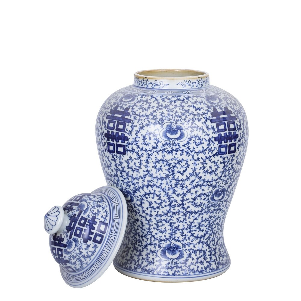 Blue And White Porcelain Double Happiness Floral Temple Jar