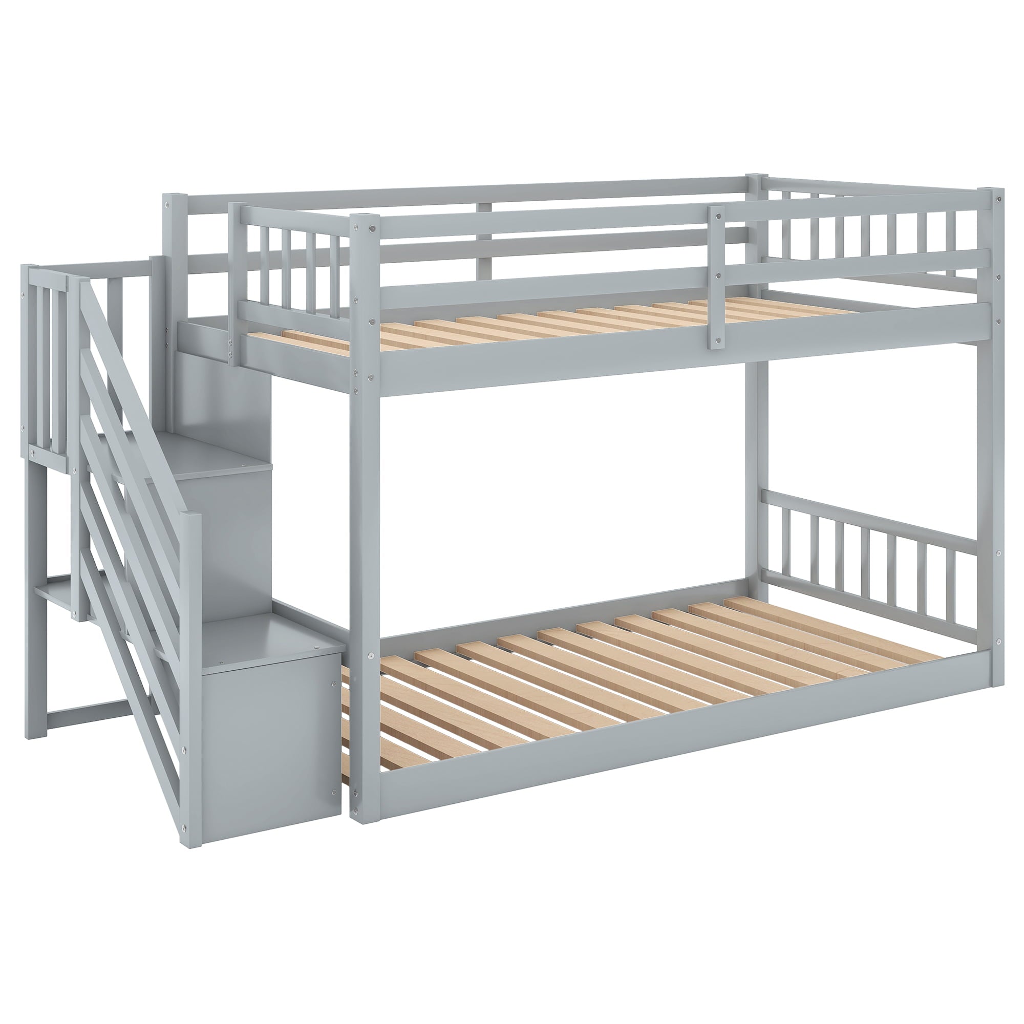 Euroco Wood Twin Over Twin Floor Bunk Bed with Stairs for Kids Room, Gray