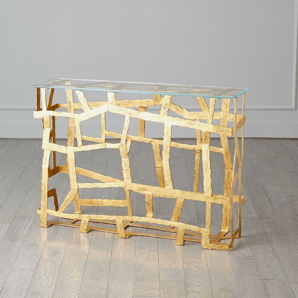 Gold Console Table  Forged Iron Entryway Table with Glass Top  Gold Leaf Finish   Contemporary   Console Tables   by mod space furniture  Houzz