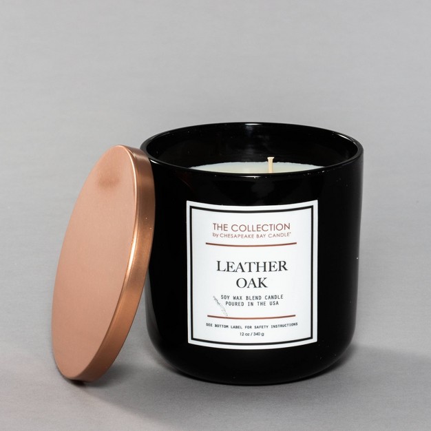 2 wick Black Glass Leather Oak Lidded Jar Candle 12oz The Collection By Chesapeake Bay Candle