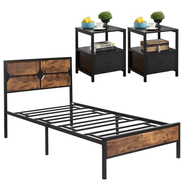 Taomika Industrial 3-pieces Bed with Wood Headboard and Square Nightstands Set - - 35162736