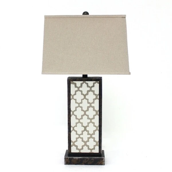 Rock Base Table Lamp with Drum Shade and Quatrefoil Pattern，Brown