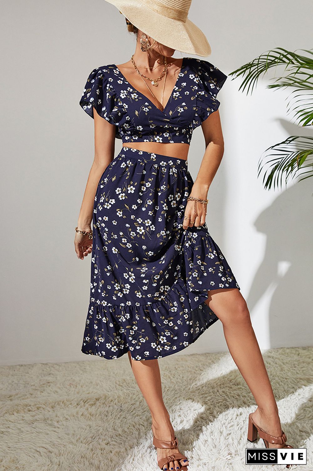 Navy Floral Back Bowknot Crop Top and Skirt 2PCS Set