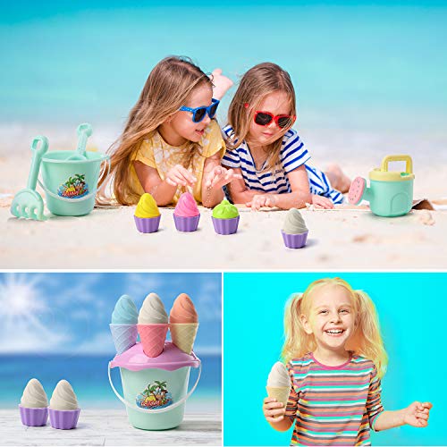 iefoah Ice Cream Beach Toys Cool Summer Vivid Color Ice Cream Sand Molds, Cake Sand Molds, Beach Bucket, Beach Shovel, Beach Rack,Watering Can for Kids & Todders (17 Pack)