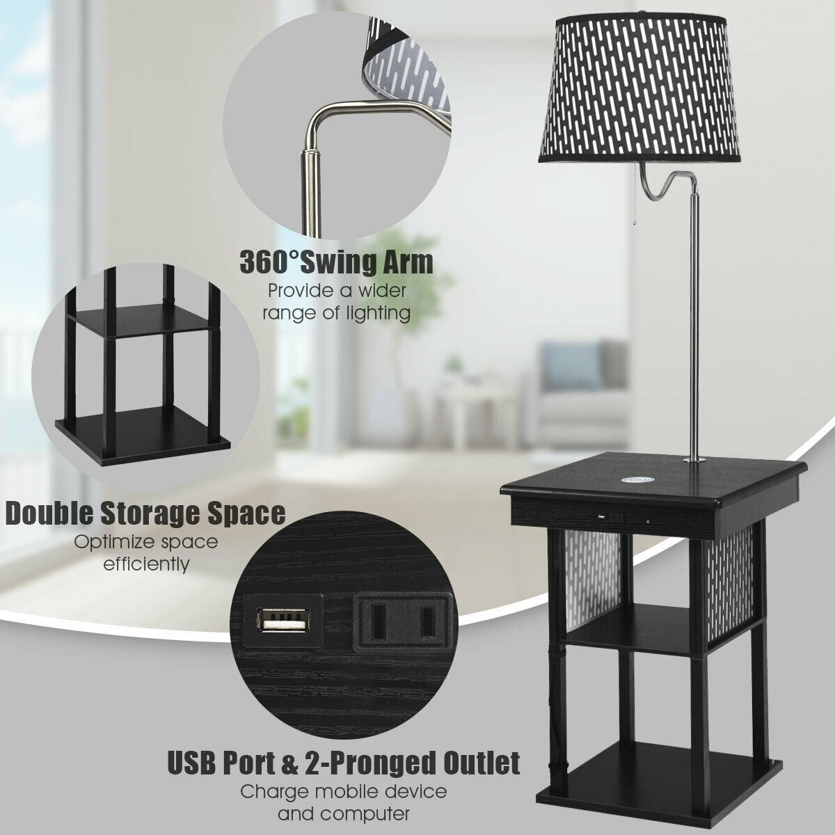 Floor Lamp, Swing Arm Lamp w/Shade Built in End Table Includes 2 USB Ports (Black Shade)