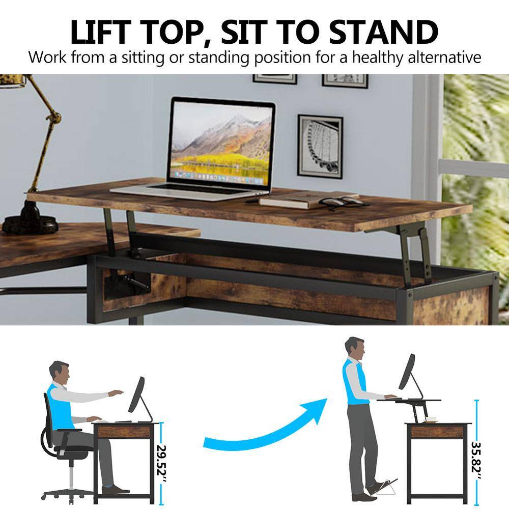 Tribesigns Lantz 59 in. L Shaped Rustic Brown Wood and Metal Computer Standing Desk with Lift Top and Storage Shelves TJHD-QP-1273