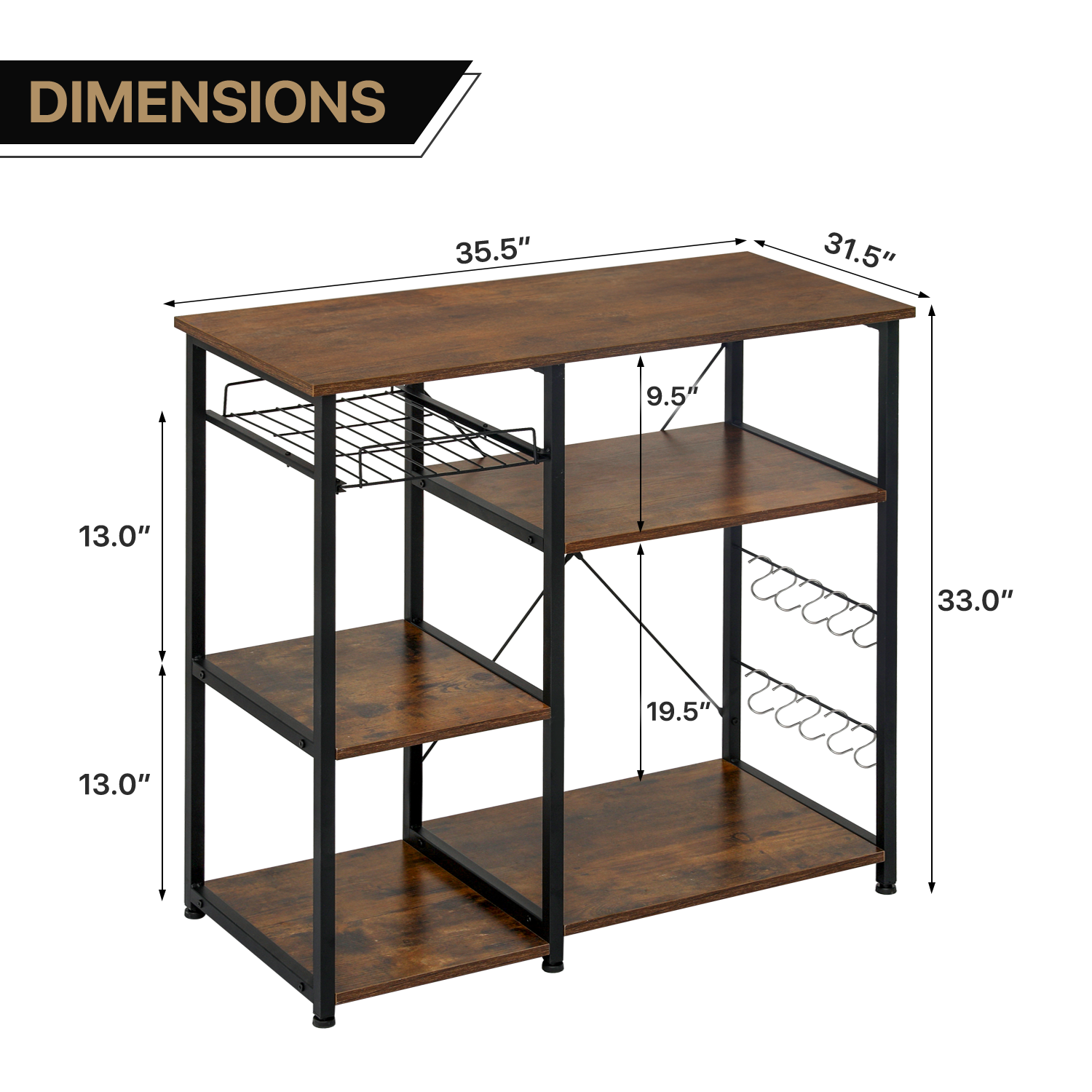 MoNiBloom Kitchen Steel Bakers Rack， Microwave Oven Stand 5 Shelves Kitchen Organizer Workstation， Utility Shelf with Hooks， Brown