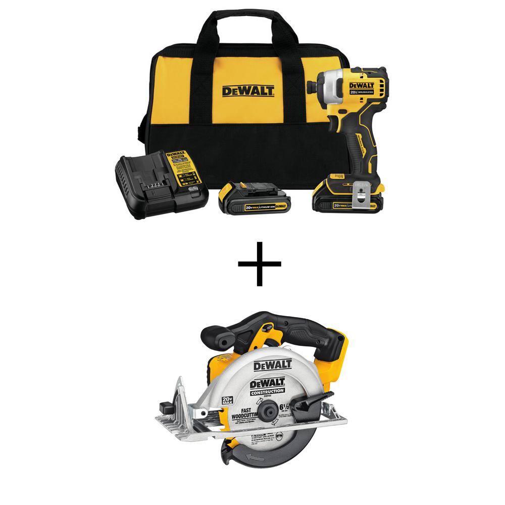 DW ATOMIC 20V MAX Cordless Brushless Compact 14 in. Impact Driver Kit and 20V 6-12 in. Circular Saw DCF809C2W391