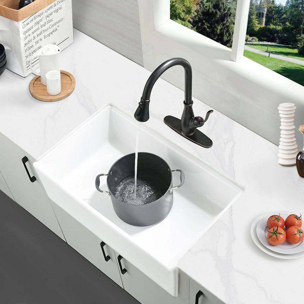 White Fireclay 33 in. x 20 in. Single Bowl Farmhouse Apron Kitchen Sink with Bottom Grid 2022-12-8-8