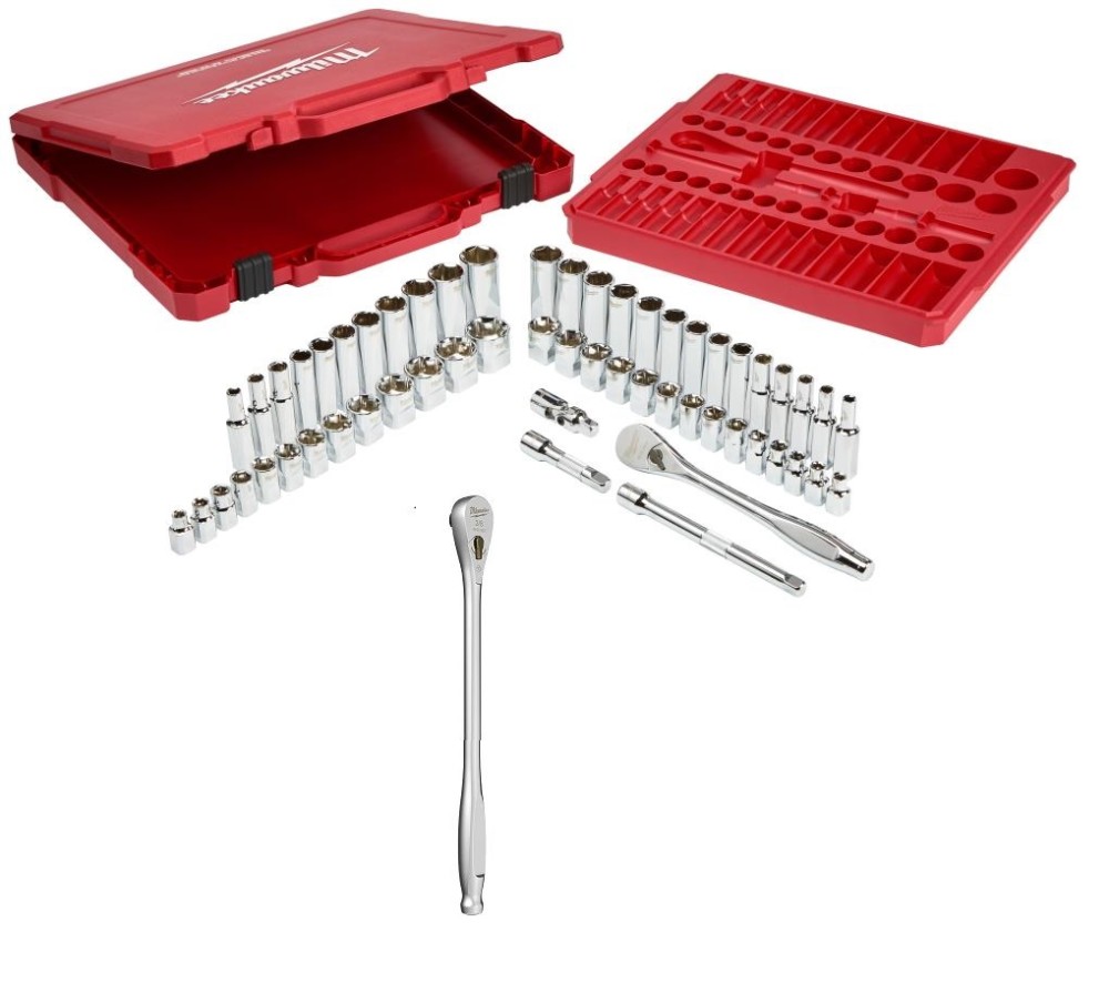 Milwaukee 3/8 Drive 56pc Ratchet & Socket Set SAE/Metric with 12 Ratchet Bundle