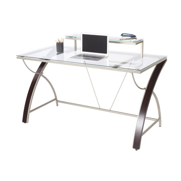 Axley 55”W Glass Computer Desk， Cherry/Silver