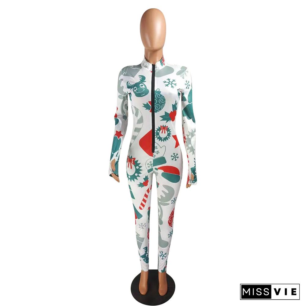 Christmas Print Long Sleeve Front Zipper Bodycon Jumpsuit