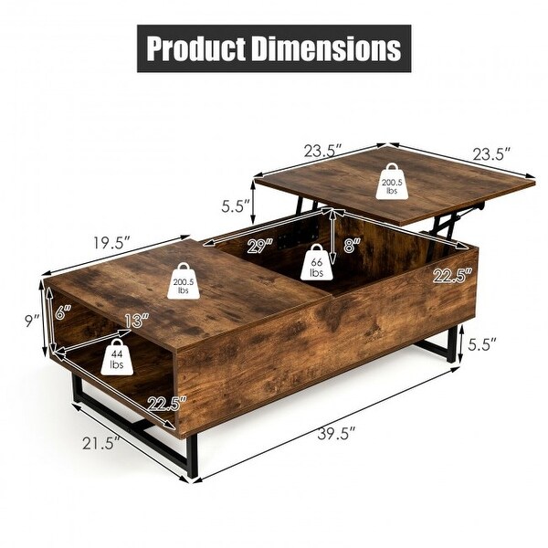 43 Inch Lift Top Coffee Table with Storage Compartment and Metal Frame - 43