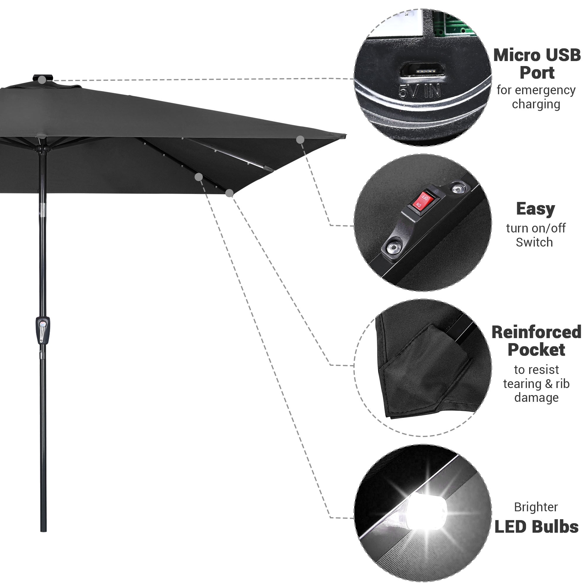 LAGarden 10x10 Ft LED Light Patio Umbrella Solar Power 8-Rib Tilt Aluminum for Outdoor Yard Table, USB Port Black