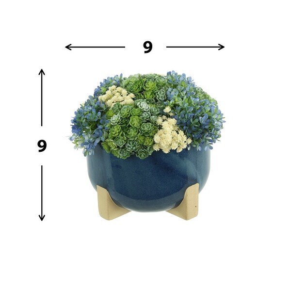 Snowball Hydrangea，Succulent and Baby's Breath Florals Arranged in a Ceramic Pot