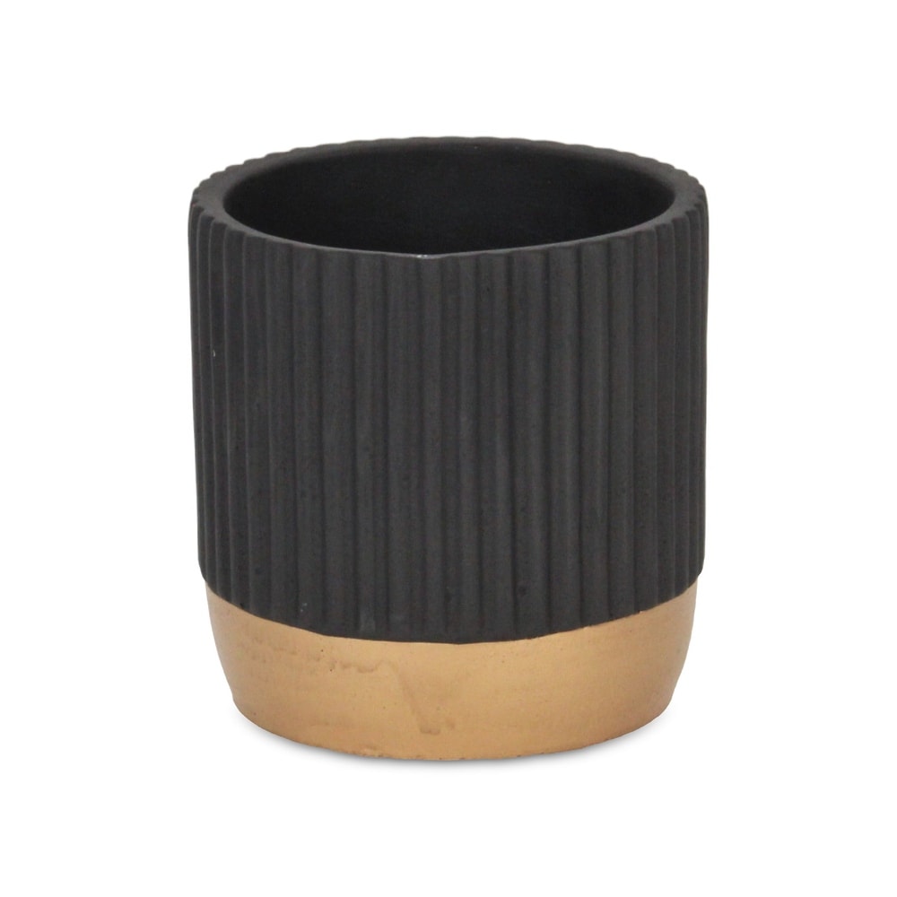 Aurone Round Ridged Ceramic Pot with Gold Finished Base   Black