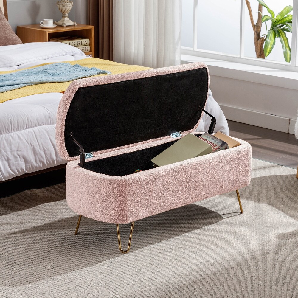 Contemporary Fabric Upholstered Storage Ottoman Bench with Metal Legs