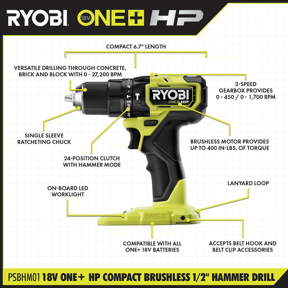 RYOBI ONE+ HP 18V Brushless Cordless Compact 12 in. Hammer Drill Kit with (1) 1.5 Ah Battery and Charger PSBHM01K