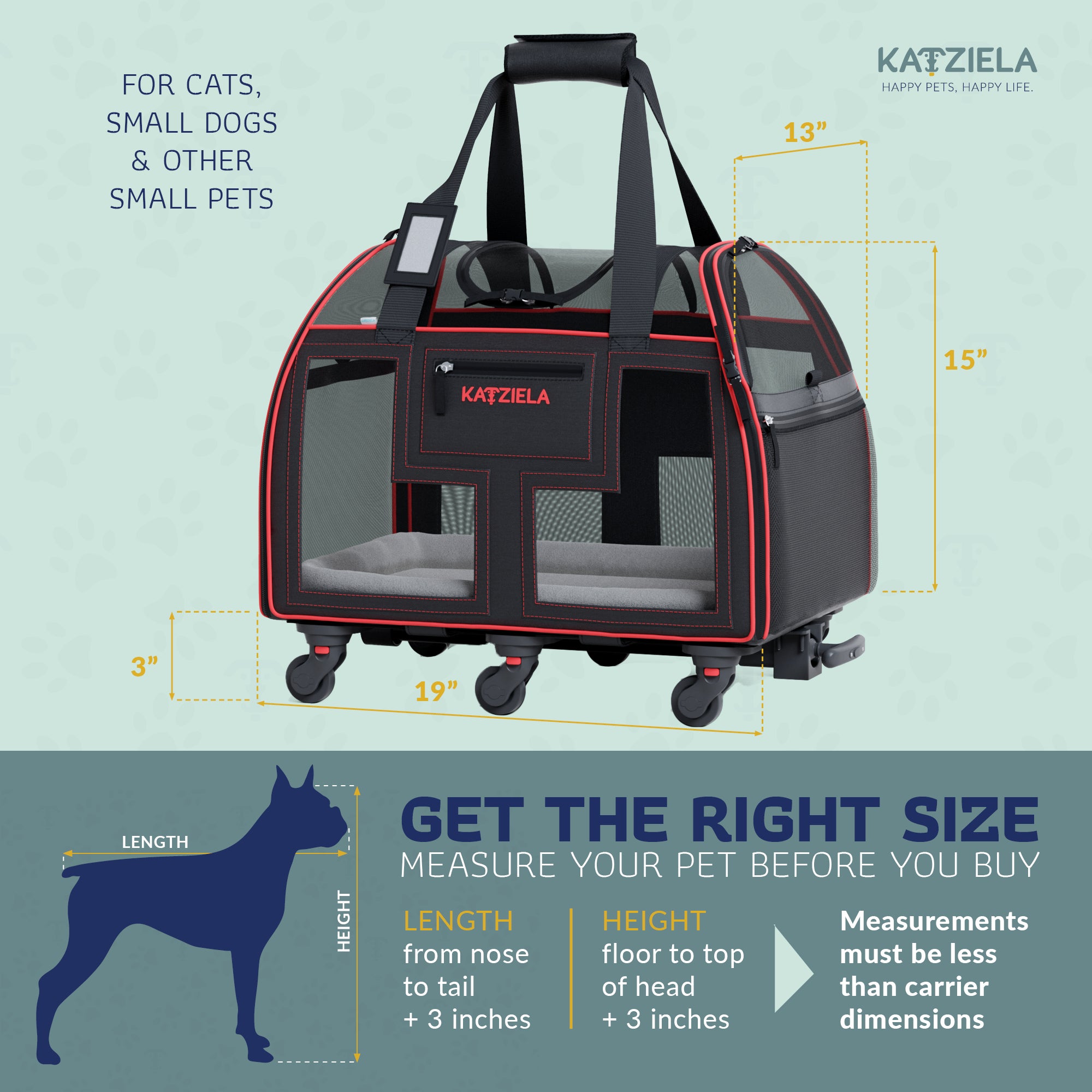 Katziela Luxury Lorry Pet Carrier with Removable Wheels - Telecopic Handle - Airline Approved (Black/Red)