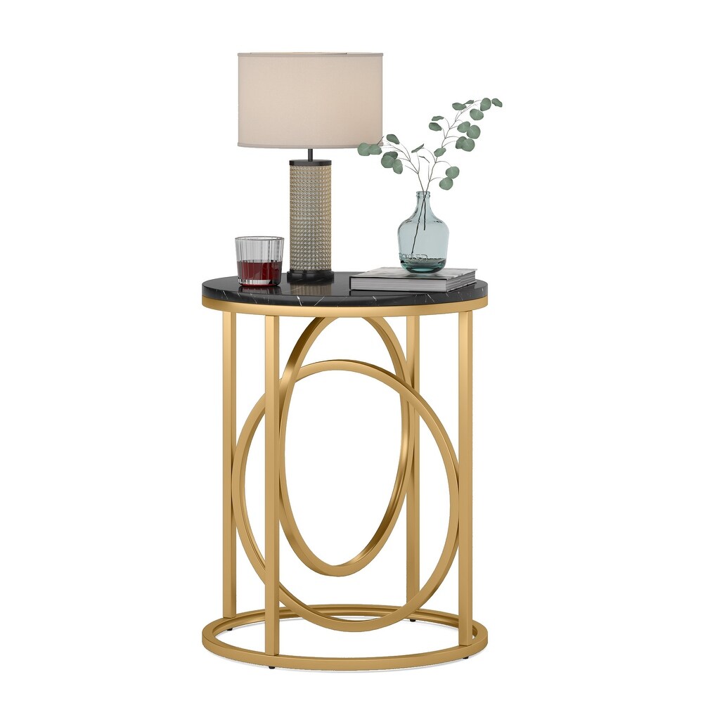 20 in. Marble Black Round Wood End Table with Gold O shaped Base