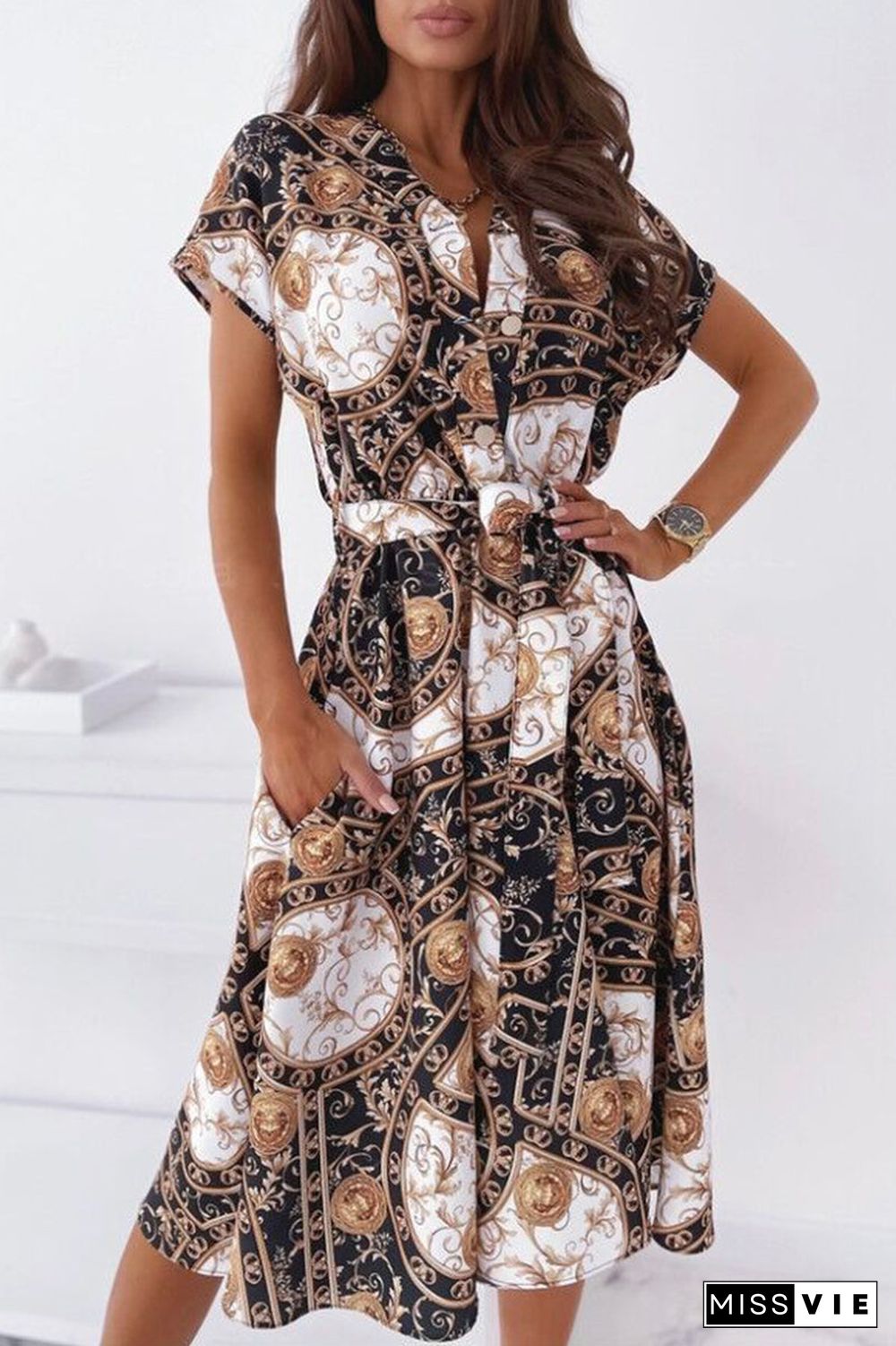 Celebrities Elegant Print Patchwork V Neck Shirt Dress Dresses