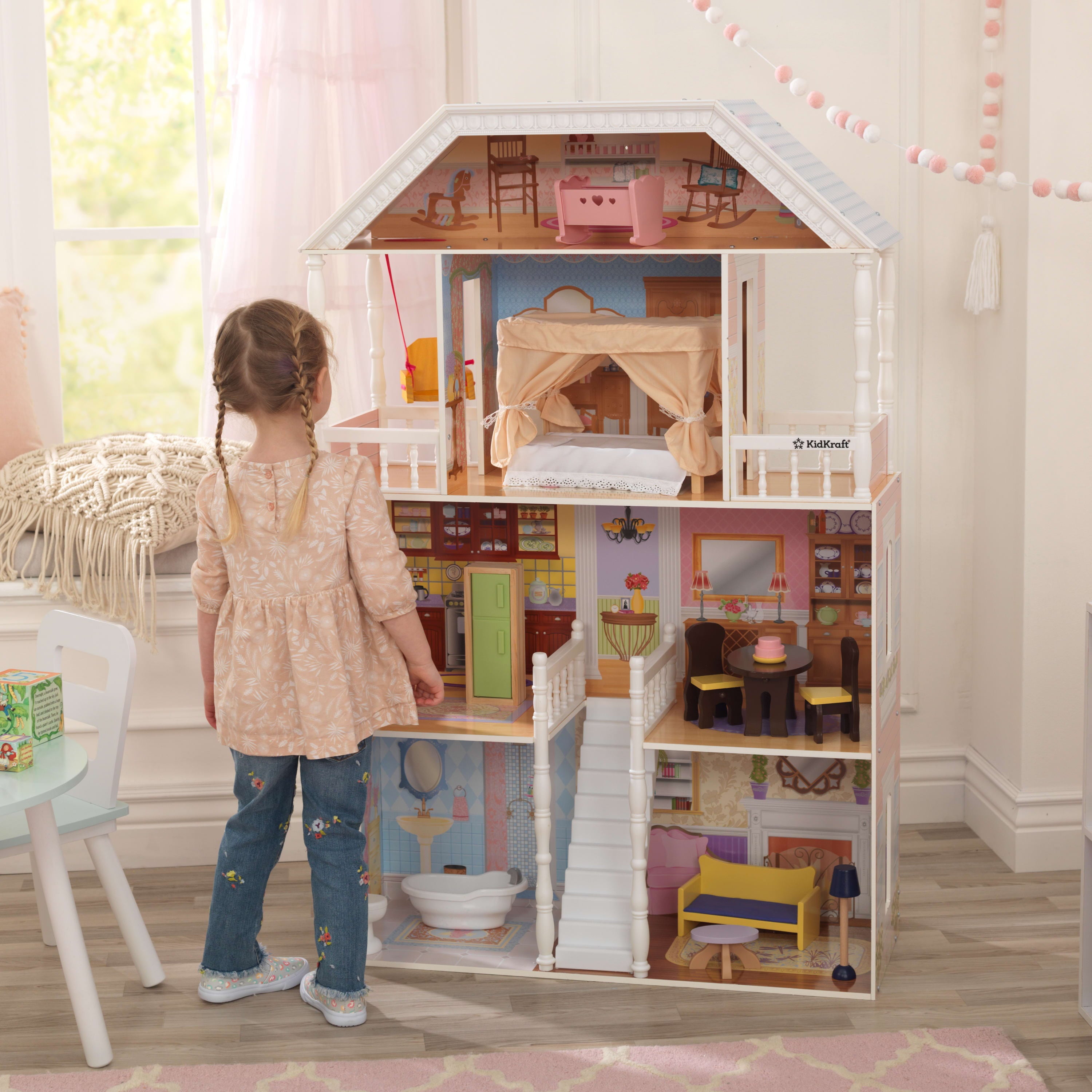 KidKraft Savannah Wooden Dollhouse， Over 4 feet Tall with Porch Swing and 14 Accessories