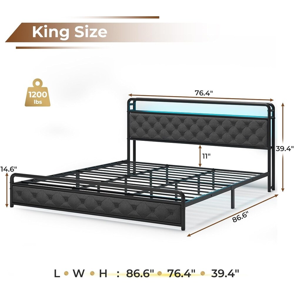 King Size Bed Frame with Built in LED Light Headboard