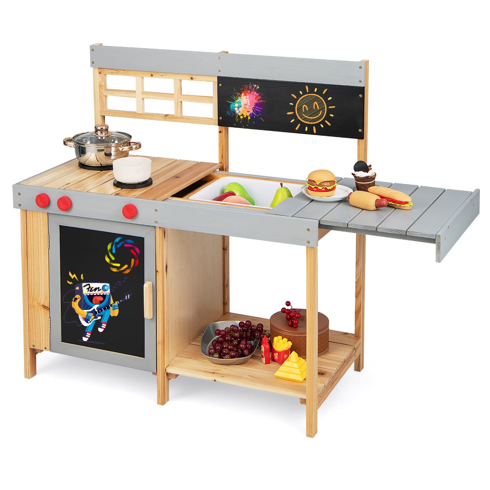 HONEY JOY Kids Mud Kitchen, Wooden Backyard Pretend Play Kitchen for Toddlers w/Chalkboard