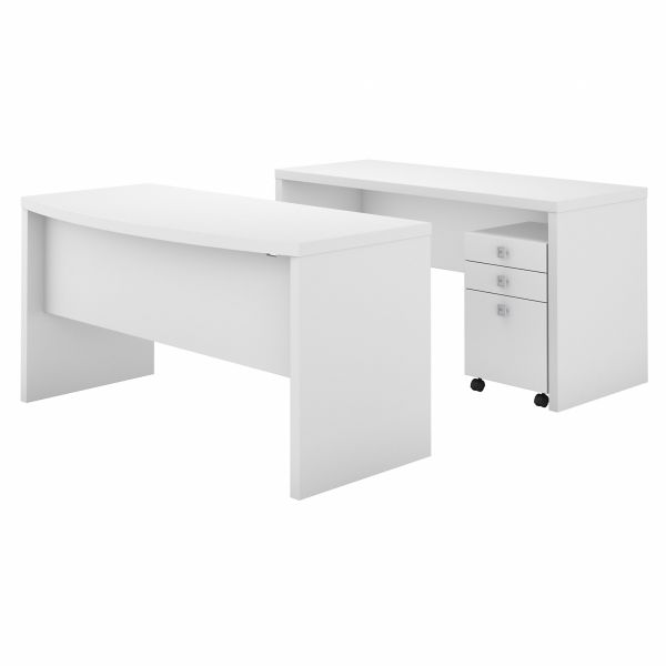 Office by kathy ireland Echo Bow Front Desk and Credenza with Mobile File Cabinet in Pure White