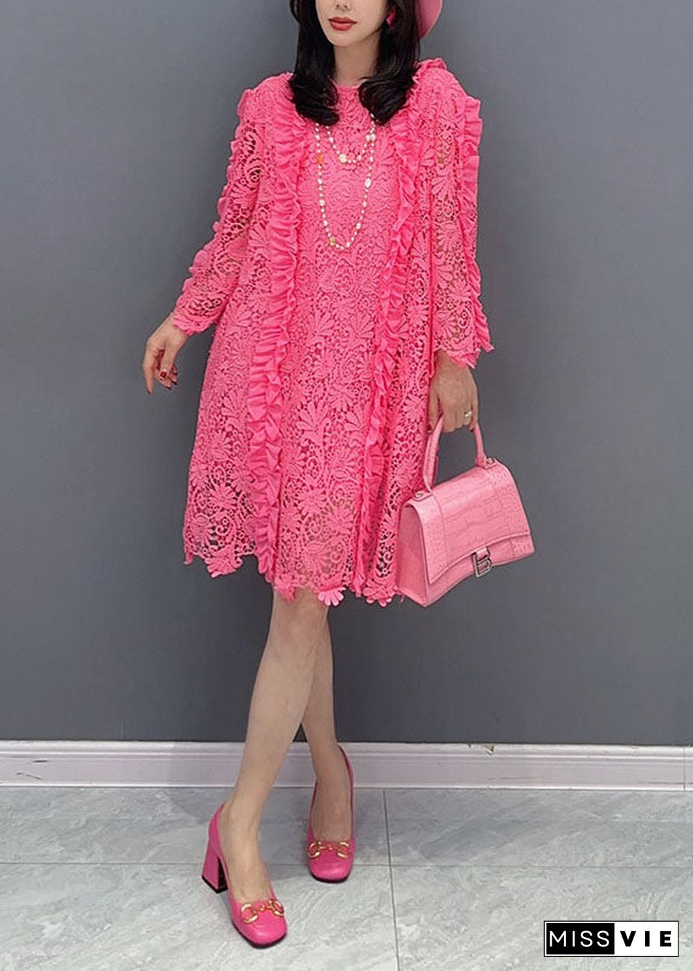 Classy Rose Ruffled Hollow Out Patchwork Lace Mid Dress Summer