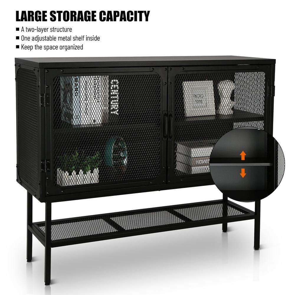 43 inch wide Industrial Metal Sideboard Storage Cabinet Buffet Cabinet with Double Mesh Doors and Open Shelf for living room