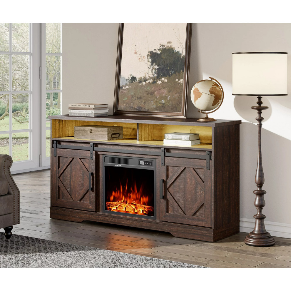 Farmhouse Fireplace TV Stand  Brown Wood Frame With Sliding Doors   Farmhouse   Entertainment Centers And Tv Stands   by Declusia  Houzz