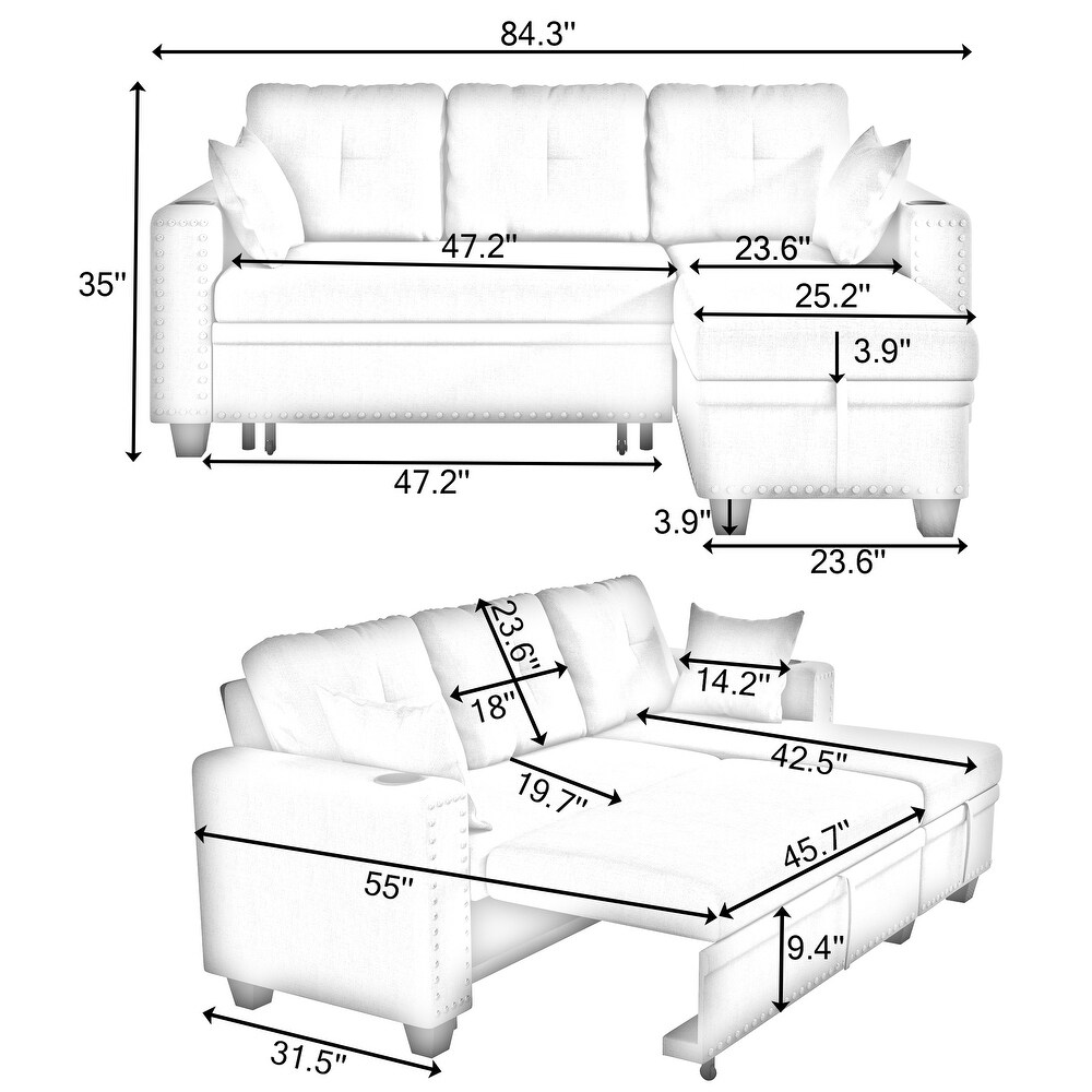 L shaped Sectional Recliner with Pull out Sofa Bed  Chaise Lounge Sofa