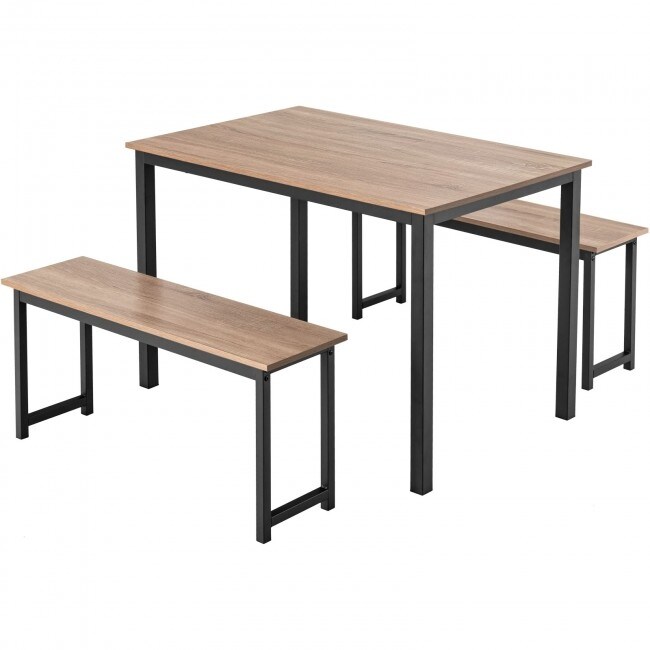 3 Pieces Modern Dining Table Bench Set with Wooden Tabletop and Metal Frame