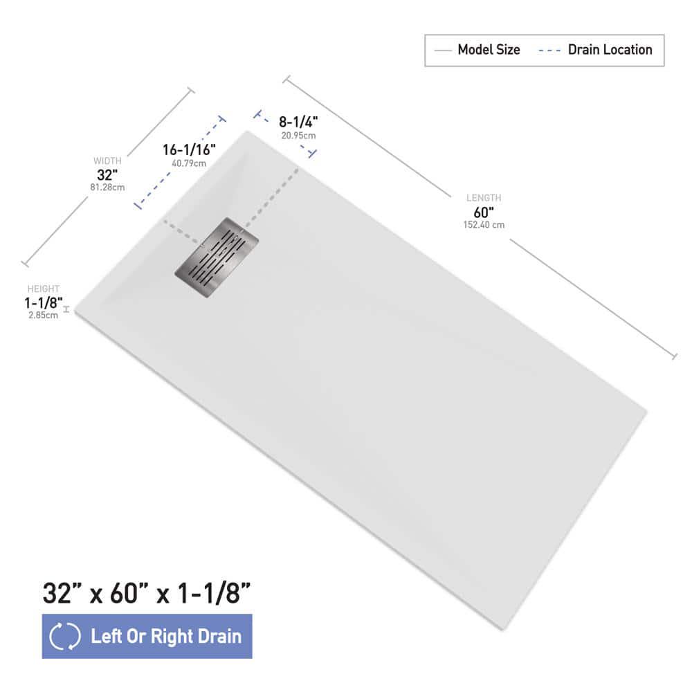 CASTICO 60 in L x 32 in W x 1125 in H Solid Composite Stone Shower Pan Base with LR Drain in White Sand