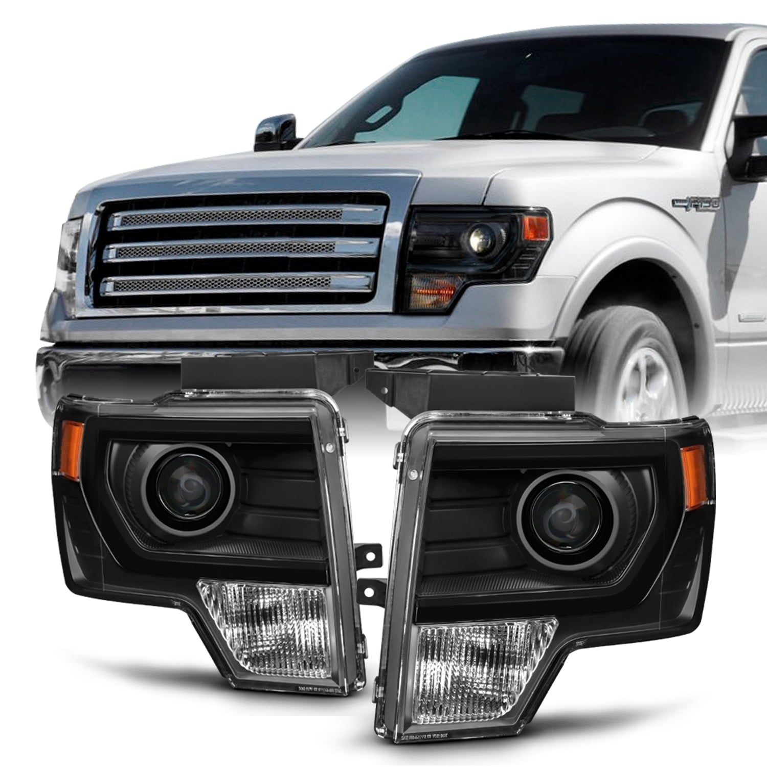 Fit [Halogen] 2009-2014 Ford F150 F-150 Pickup Black Projector Headlights