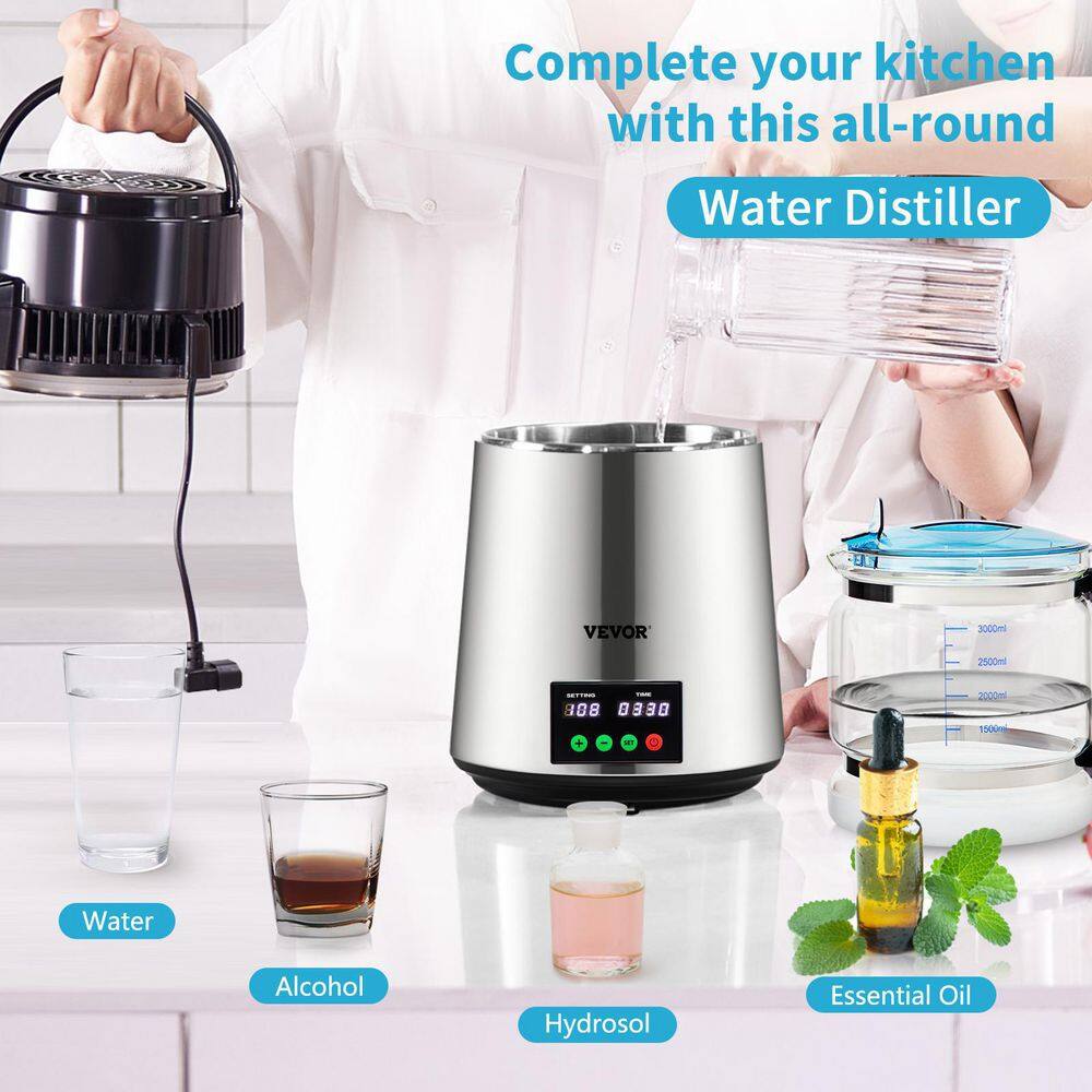 VEVOR 1.1Gal. Water Distiller 0.3Gal.H Distilled Water Maker Machine 750W 0-99H Timing Setting Temp Display Distiller Silver D1LH1LH4L110VH647V1