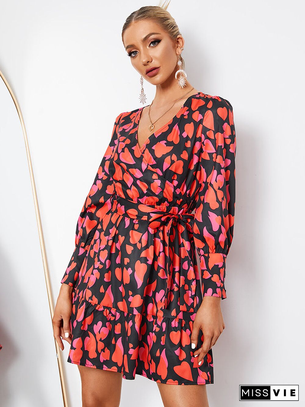 Heart Print Belt Cross Wrap V-neck Long Sleeve Dress