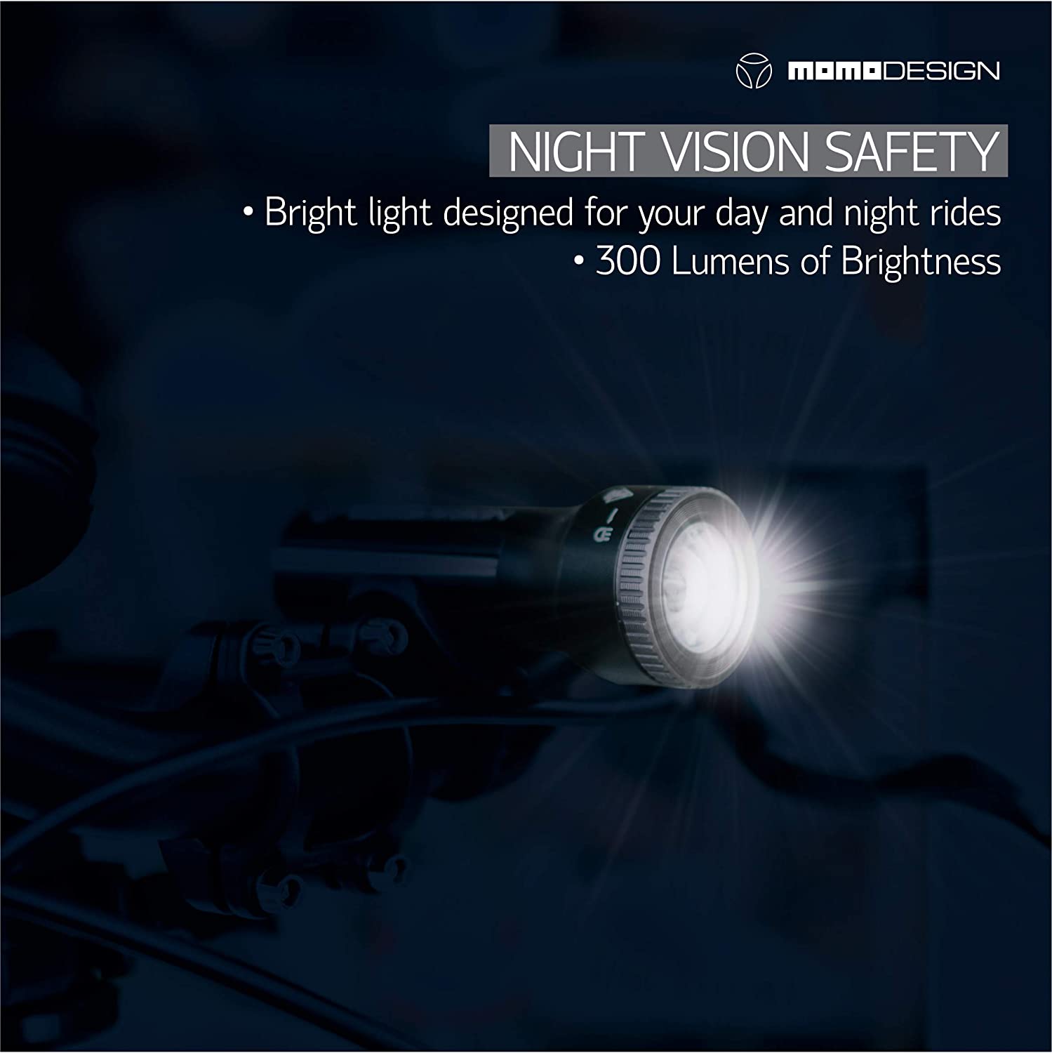 MOMODESIGN Bike Light • Zoom LED USB Rechargeable Headlight • Bright Nightvision for Safety • Water Resistant • Universal Fit • 300 Lumens • Charging time: 2-3 Hours • Runtime 7 Hours Low Mode