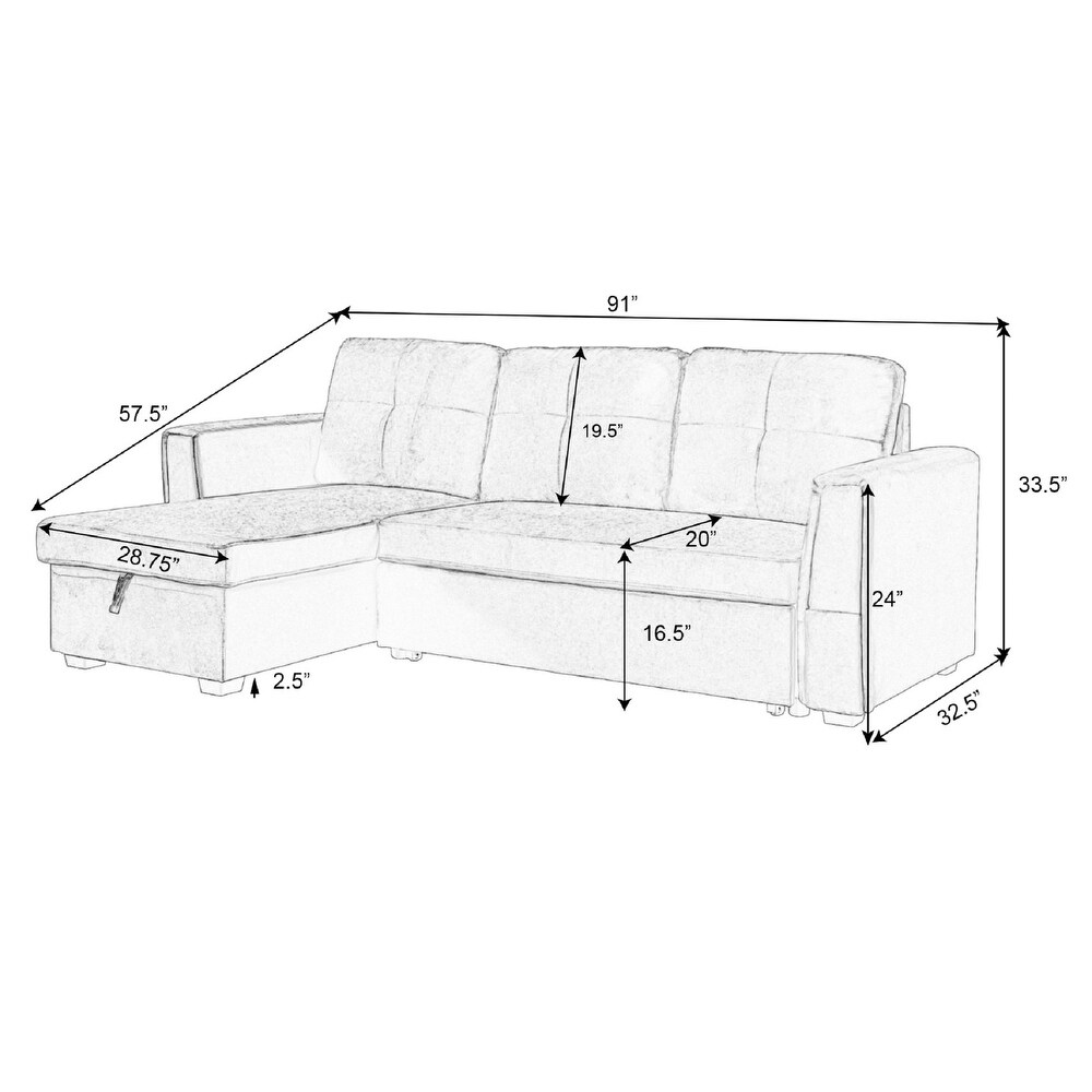 Velvet Reversible Sofabed Sectional Sofa   Chaise   91\