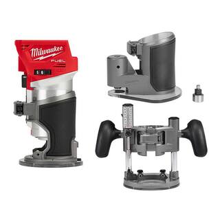 MW M18 FUEL 18V Lithium-Ion Brushless Cordless Compact Router w Compact Router Offset Base  Router Plunge Base 2723-20-48-10-5602-48-10-5601