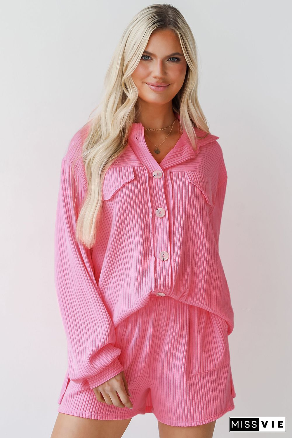 Pink Ribbed Knit Button Top and Shorts Set