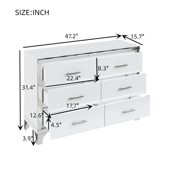 Elegant Mirrored Storage Cabinet， High Gloss 6 Drawers Dresser with Metal Handle - - 37846140