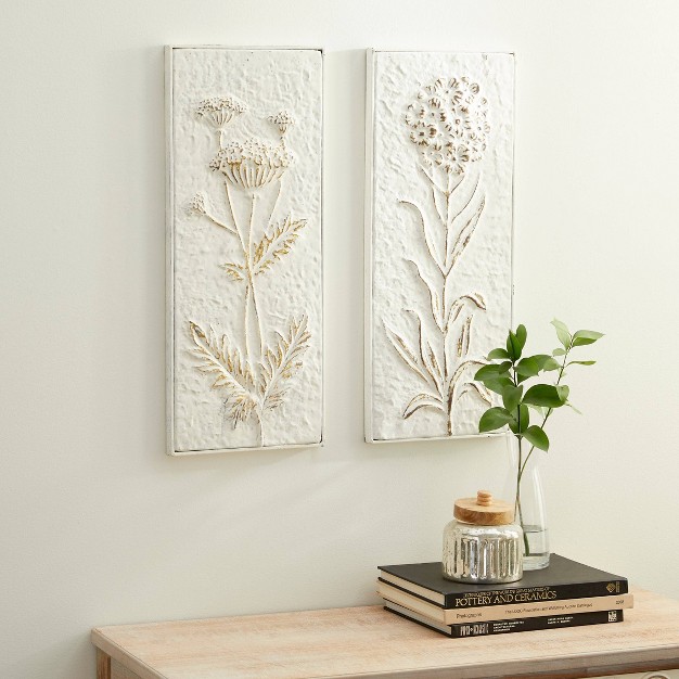 Metal Floral Relief Wall Decor With Gold Detailing Set Of 2 White Olivia amp May